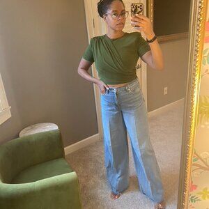 Matte Crew Neck Short Sleeve Draped Crop Top